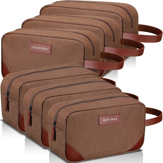 Eccliy 6 Set Groomsmen Gifts Men Toiletry Bags Men's Travel Shaving Kit Bathroom Bags Water Resistant Toiletry Case for Wedding Groomsman Proposal Gift Travel Accessories(Brown)