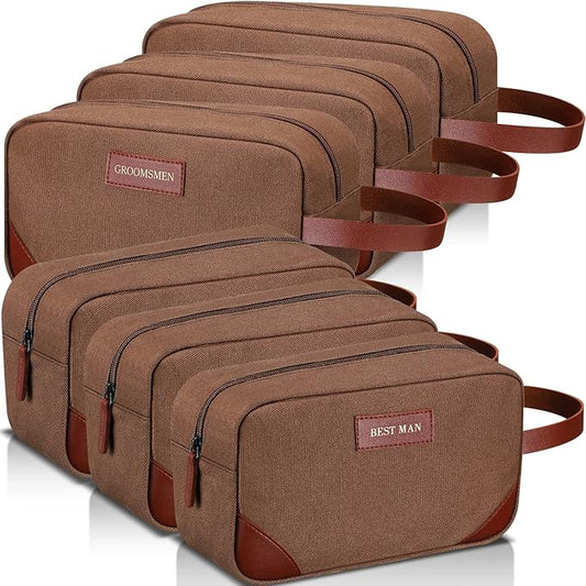 Eccliy 6 Set Groomsmen Gifts Men Toiletry Bags Men's Travel Shaving Kit Bathroom Bags Water Resistant Toiletry Case for Wedding Groomsman Proposal Gift Travel Accessories(Brown)