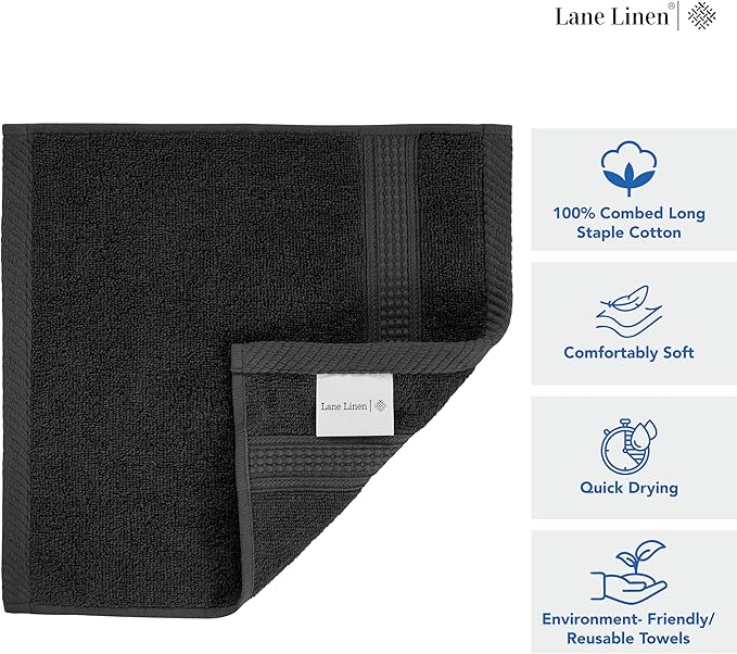 LANE LINEN 100% Cotton Washcloths 12 Pack - Spa & Salon Quality Face Cloths - Ring Spun, Soft & Absorbent Wash Cloths for Body, Beauty, Home, Gym - Fingertip Towels Set- 13"x13", Black Towels Set