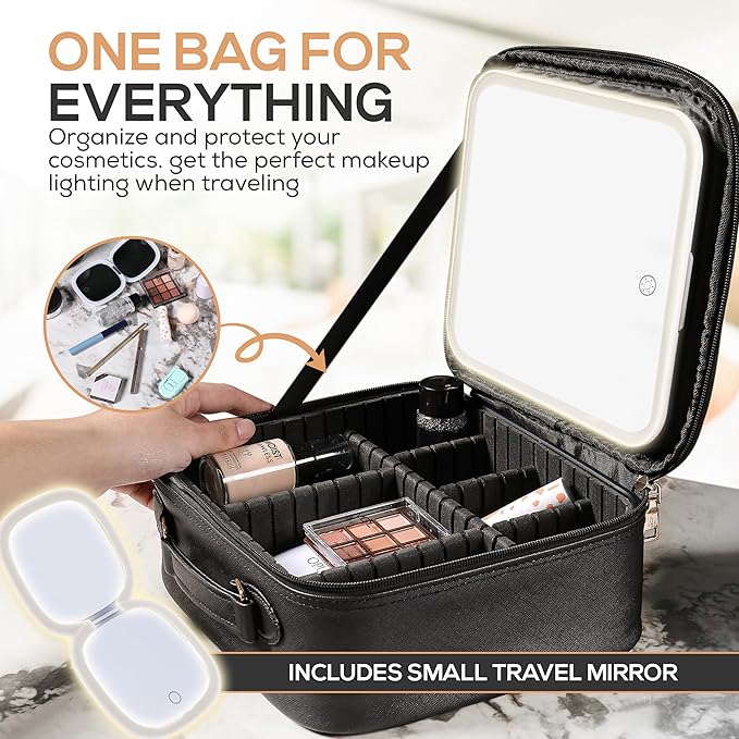 Makeup Bag Detachable LED Mirror With Stand 3 Adjustable Brightness 5x Zoom LED Travel Mirror Portable Cosmetics Case Brush Holder Organizer Adjustable Dividers Faux Leather Waterproof Gift