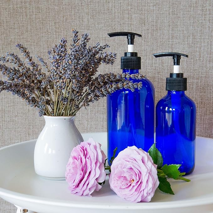 Youngever 6 Pack Empty Glass Pump Bottles, 2 Pack 16 Ounce and 4 Pack 8 Ounce Pump Bottles, Soap Dispenser, Refillable Containers (Blue)