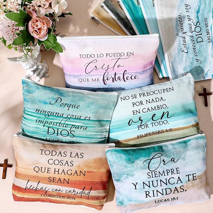 10Pcs Christian Gifts for Women Religious Cosmetic Bags Inspirational Bible Verse Pencil Pouch Canvas Makeup Bags Bulk with Zipper for Mother Sister Church Favors