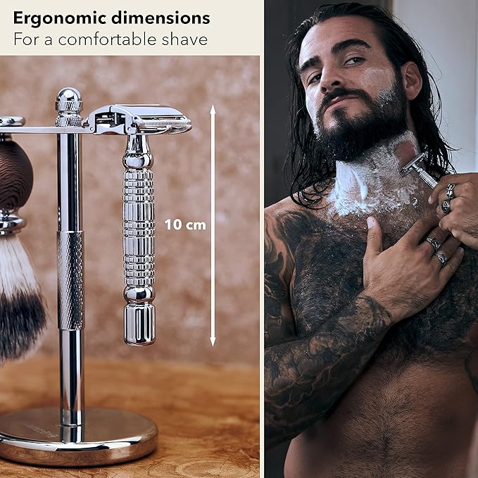 Störtebekker® Premium Men's Safety Razor ‘Hamburg’ - incl. handmade leather case with built-in mirror, 10 Störtebekker blades & shaving guide - First Class Wet Razor shaving set - Gift Idea for Men