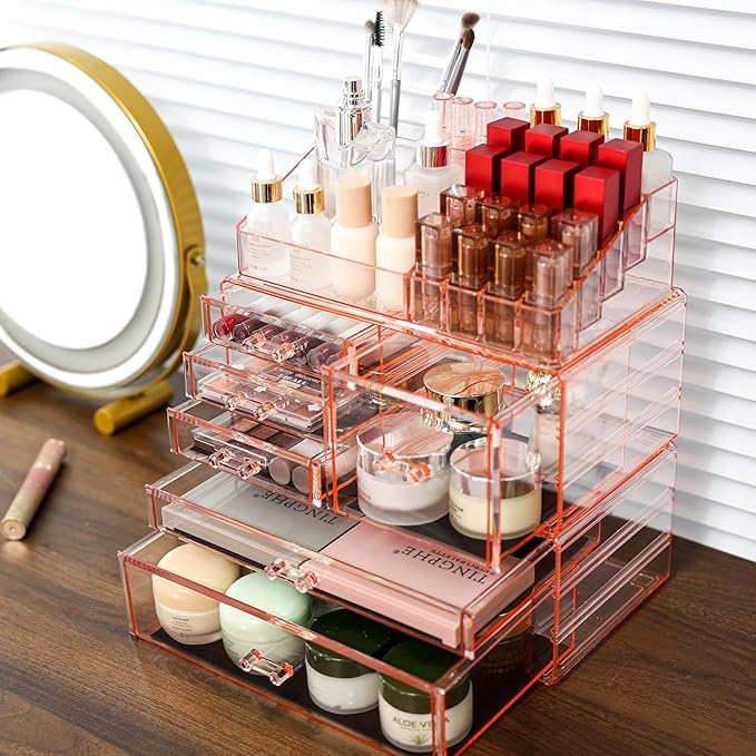 Cq acrylic 3 Pack Women and Mens Bathroom Organizer With Stackable 6 Drawers,Large Bathroom Makeup Organizer Countertop and Storage for Vanity, Great for Cosmetics, Skin Care, Lipsticks,Nail Care,Pink