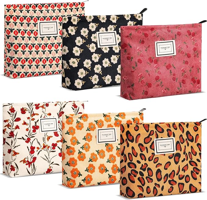 Sanwuta 6 Pcs Velvet Makeup Bag Large Capacity Corduroy Cosmetic Bag pattern Canvas Makeup Pouch with Zipper Travel Toiletry Accessories Organizer for Women Girls Gifts, 10 x 7 Inch(Flower)