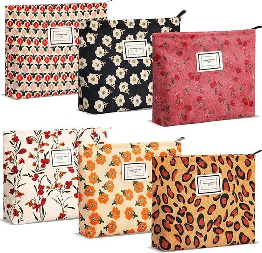 Sanwuta 6 Pcs Velvet Makeup Bag Large Capacity Corduroy Cosmetic Bag pattern Canvas Makeup Pouch with Zipper Travel Toiletry Accessories Organizer for Women Girls Gifts, 10 x 7 Inch(Flower)