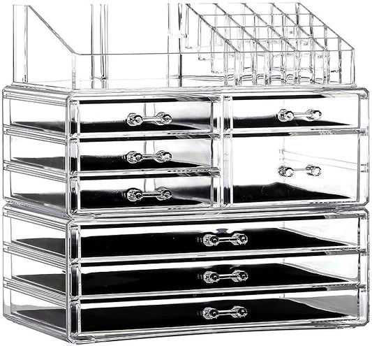 Cq Acrylic 3 Pack Clear Make Up Organizers - Stackable 8 Drawer Organizer for Vanity, Desk, Jewelry, Beauty & Skincare Products