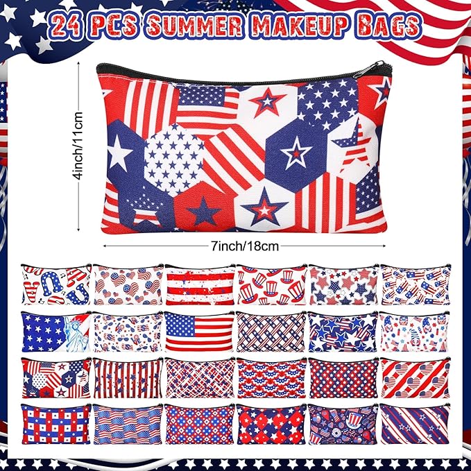 24 Pieces Makeup Bags Bulk Canvas Cosmetic Bags Purse Organizer Zipper Cosmetic Pouch Portable Travel Toiletry Pouch for Women Men Gifts, 7 x 4 Inch (Patriotic)