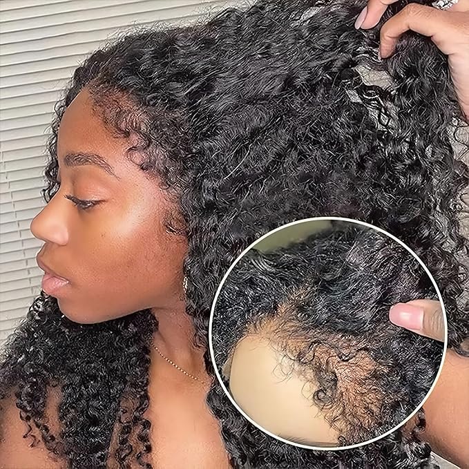 4C Edges Kinky Curly Lace Front Wigs Human Hair 13x4 HD Transparent Lace Frontal Wigs with Curly Edges Baby Hair, Deep Wave Curl Wig Pre-Plucked Hairline 180% Density 16 inch