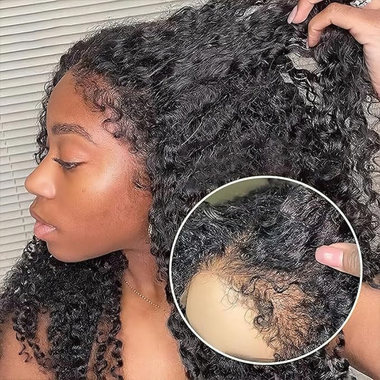 4C Edges Kinky Curly Lace Front Wigs Human Hair 13x4 HD Transparent Lace Frontal Wigs with Curly Edges Baby Hair, Deep Wave Curl Wig Pre-Plucked Hairline 180% Density 22 inch