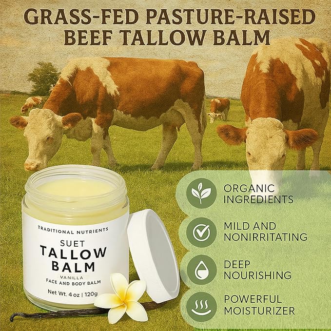 Suet Beef Tallow + Raw Honey Balm for Skin with Vanilla Essential Oil, Natural Grass Fed Tallow Moisturizer for Face and Body (2oz)