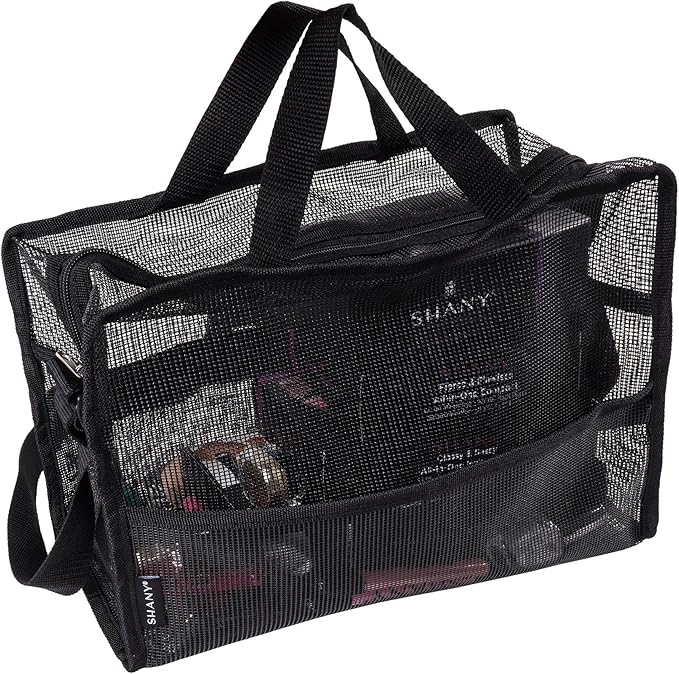 SHANY Collapsible Makeup Tools Travel Mesh Bag – Large See-Thru Travel Tote with Shoulder Straps – Water-Resistant with Zippered Pockets – Black