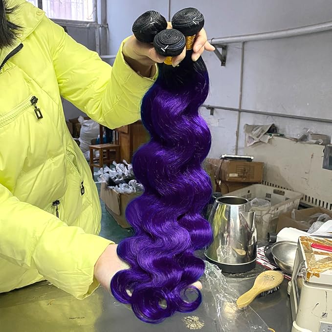 Purple Bundles Body Wave Human Hair Weave 3 Bundles Virgin Hair, Brazilian Remy Hair Ombre 1b/Purple 2 Tone Ombre Hair Wavy For Women(141618)
