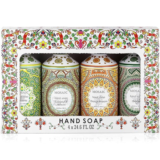 Mosaic Liquid Hand Soap / Wash Gift Set, Ideal Bathroom Kitchen Hand Soap Set , Olive Oil + Coconut & Hibiscus + Gardenia + Orange Blossom, 4 x 24.6 fl oz Each Liquid Soap Bottle