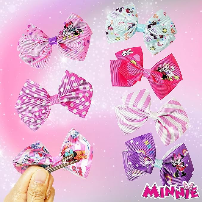 Disney Minnie Mouse Hair Bows - Hair Accessories Gift Set - Minnie Hair Bow - 7 Pcs 4 Inch Bundle - HairBows for Girls - Minnie on each clip - Alligator Clip - Ages 3 +
