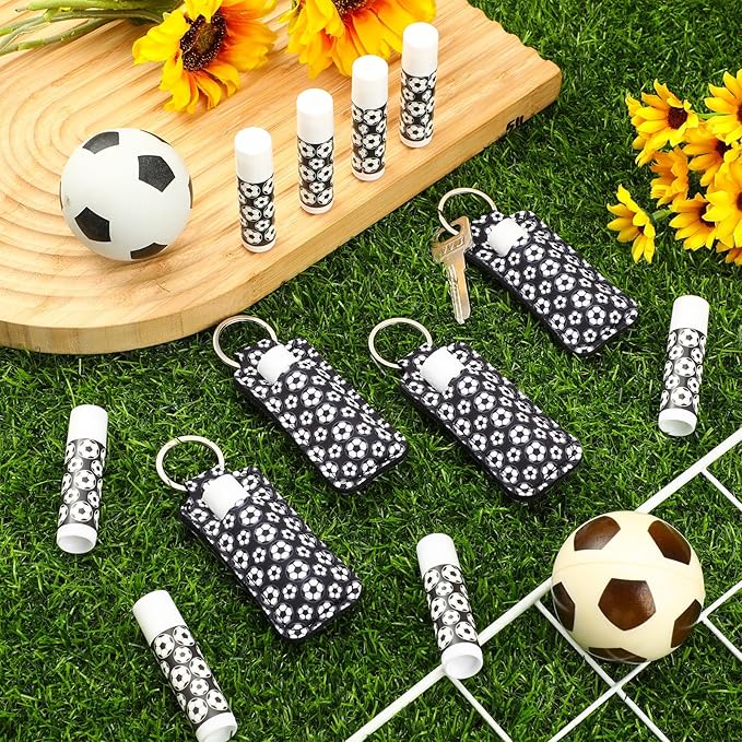18 Sets Party Favors Lip Balm and Lipstick Holder Keychain Bulk Sport Ball Team Gifts Natural Moisturizing Lip Balm Keychains Pouch for Team Gifts Sports Party Supplies(Soccer)