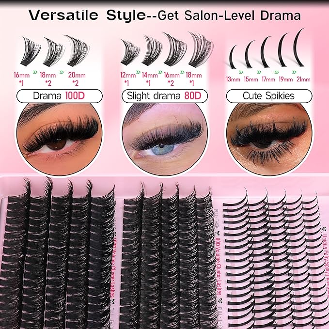 Lash Clusters Kit Russian Lash Extensions Kit Salon-Level Spikes Lash Individuals Volume Eyelash Clusters 295PCS D Curl 12-20MM DIY Eyelash Extensions With Bond and Seal