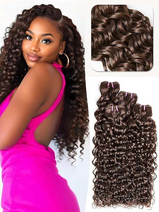 Human Hair Bundles 4 Bundles Hair Extensions 16 18 20 22 Inch Water Wave 100% Unprocessed Curly Brazilian Virgin Hair Wet and Wavy Human Hair Brown #4