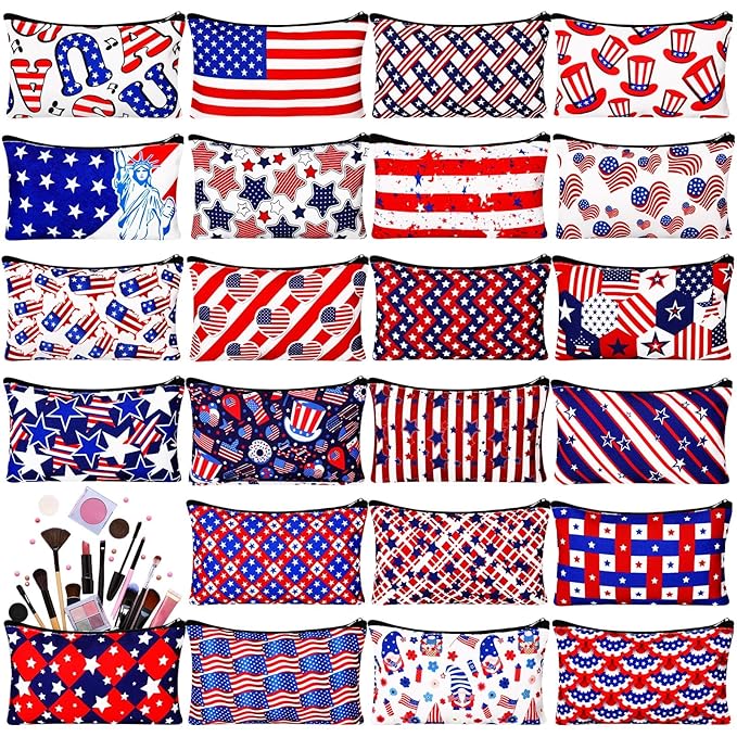24 Pieces Makeup Bags Bulk Canvas Cosmetic Bags Purse Organizer Zipper Cosmetic Pouch Portable Travel Toiletry Pouch for Women Men Gifts, 7 x 4 Inch (Patriotic)