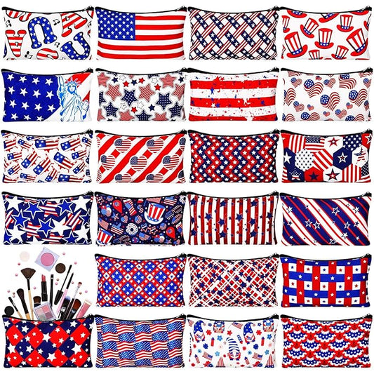 24 Pieces Makeup Bags Bulk Canvas Cosmetic Bags Purse Organizer Zipper Cosmetic Pouch Portable Travel Toiletry Pouch for Women Men Gifts, 7 x 4 Inch (Patriotic)
