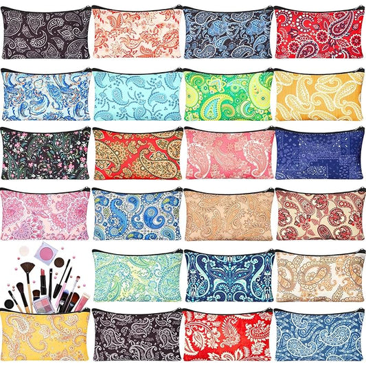 24 Pieces Makeup Bags Bulk Canvas Cosmetic Bags Purse Organizer Zipper Cosmetic Pouch Portable Travel Toiletry Pouch for Women Men Gifts, 7 x 4 Inch (Paisley)
