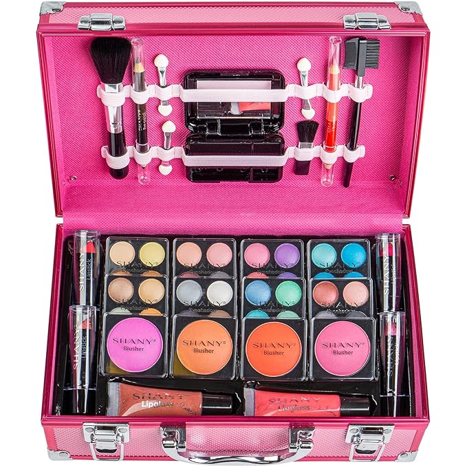 SHANY Carry All Makeup Train Case with Pro Makeup Set, Makeup Brushes, Lipsticks, Eye Shadows, Blushes, Powders, and more - Reusable Makeup Storage Organizer - Premium Gift Packaging - Pink