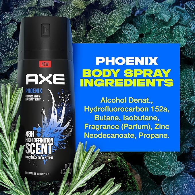 Axe Body Spray Deodorant For Long Lasting Odor Protection, Phoenix Deodorant For Men Formulated Without Aluminum, 4 Oz (Pack of 4)