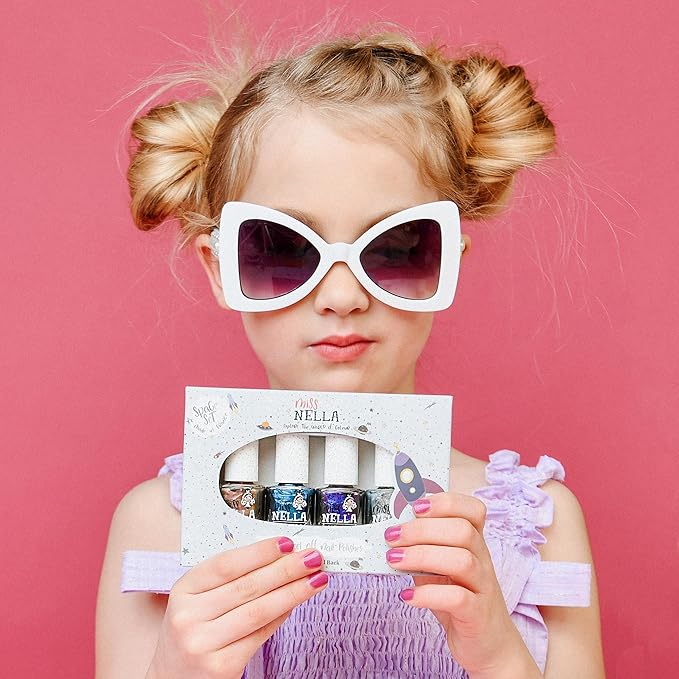 MISS NELLA SPACE COLLECTION Metallic Nail Polish for kids, set of 4 varnishes: silver, bronze, purple & blue, Peel- Off varnish for toddlers