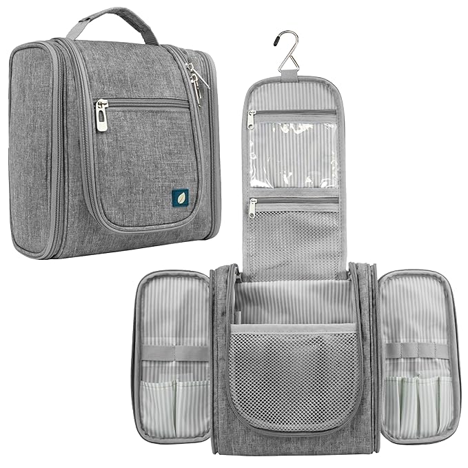 PAVILIA Toiletry Bag Travel Bag for Women Men, Hanging Cosmetic Organizer, Water Resistant Makeup Bag for Accessories Toiletries, Large Travel Essentials Kit (Grey)