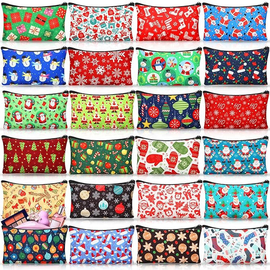 24 Pieces Makeup Bags Bulk Canvas Cosmetic Bags Purse Organizer Zipper Cosmetic Pouch Portable Travel Toiletry Pouch for Women Men Gifts, 7 x 4 Inch (Christmas)