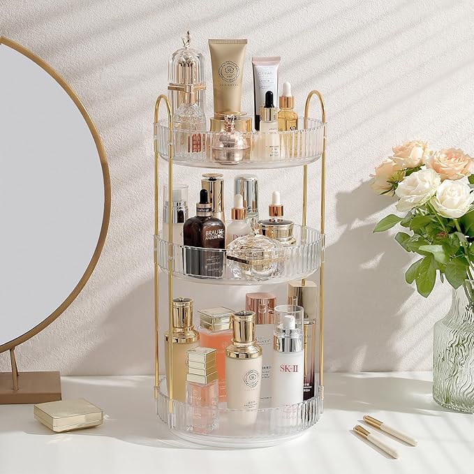 Aveniee Rotating Makeup Organizer for Vanity, 3 Tier Perfume Skincare Organizers and Storage for Bathroom Countertop, Clear Spinning Counter Cosmetic Holder for Dresser (White)