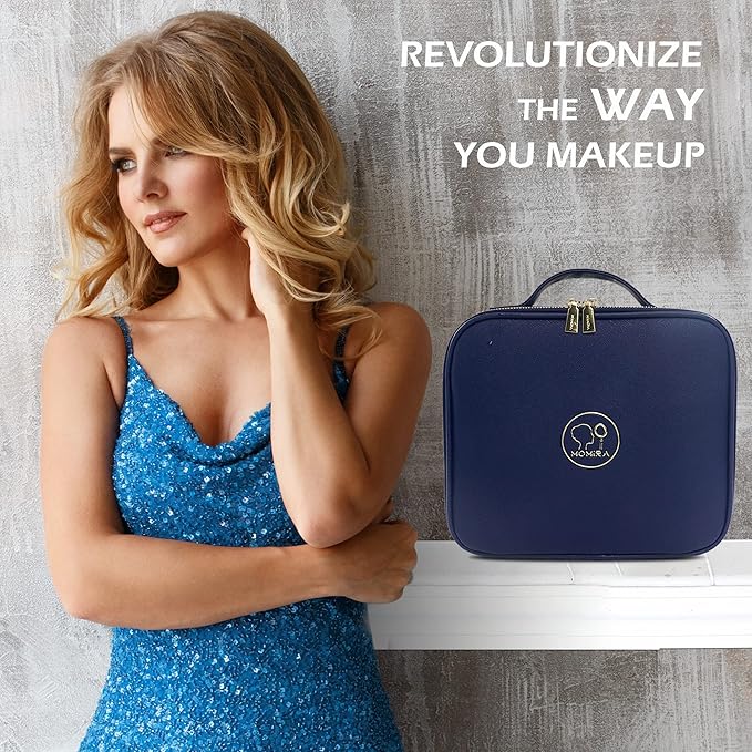 MOMIRA Travel Makeup Bag Cosmetic Bag Makeup Organizer Bag with Lighted Mirror, Adjustable Brightness in 3 Color Scenarios, Waterproof Makeup Train Case, Gift for Women - Royal Blue
