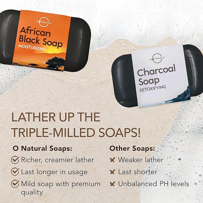 O NATURALS 6 PCS Black Soap - Women & Men's Bar Soap, Father's Day Gifts, Men's Soap Bar, African Black Soap w/Moisturizing Shea Butter, Charcoal Soap, Organic & Natural Soap for Men & Women, 4oz