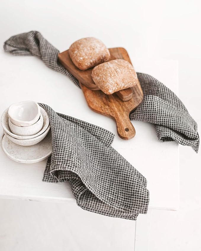 Pure 100% Linen Hand Towels - Set of 2 Linen Kitchen Towels Waffle Weave Black-Natural - 13 x 29-inch Soft Lightweight Stone-Washed Dish Towels - Quick-Dry Tea Towel - Kitchen Linens