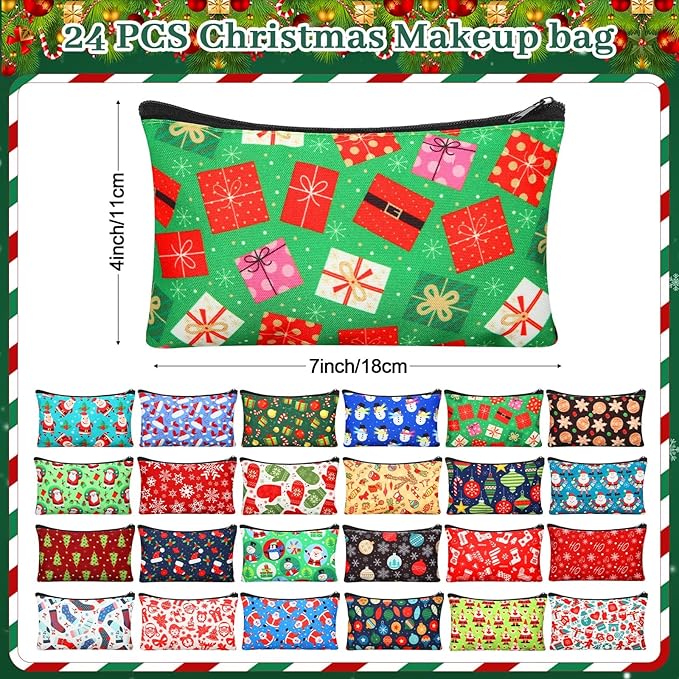 24 Pieces Makeup Bags Bulk Canvas Cosmetic Bags Purse Organizer Zipper Cosmetic Pouch Portable Travel Toiletry Pouch for Women Men Gifts, 7 x 4 Inch (Christmas)