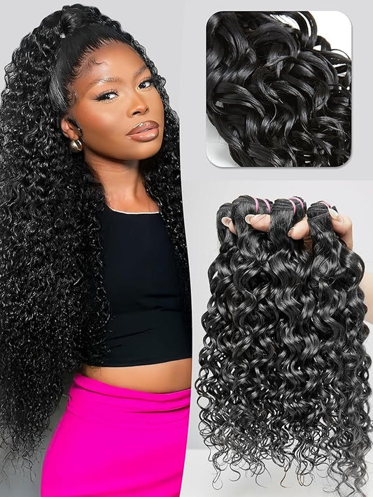 Human Hair Bundles Hair Extensions 16 18 20 22 Inch Water Wave 100% Unprocessed Curly Brazilian Virgin Hair Wet and Wavy 4 Bundles Human Hair Natural Black