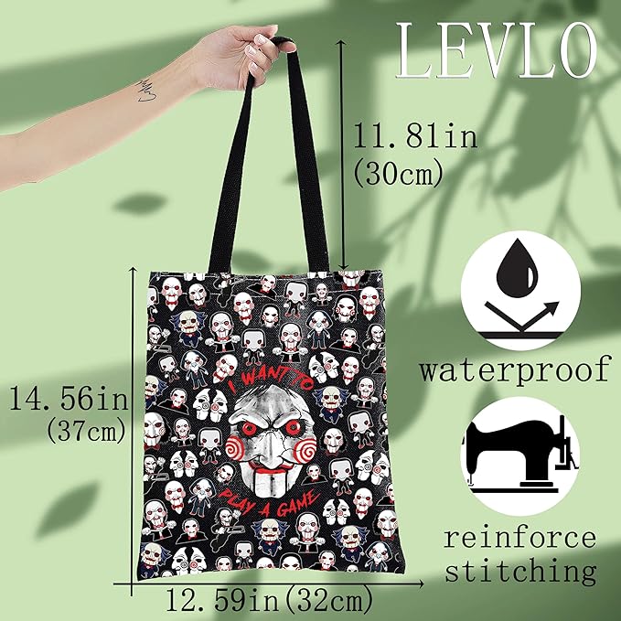 LEVLO Sadistic Thriller Tote Bag Horror Movie Fans Gift I Want To Play A GamePuzzle Horror Shoulder Bag Horror Movie Merch