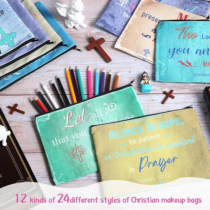 24 Pcs Christian Makeup Bag Bible Cosmetic Bags Inspirational Bible Verse Toiletry Pouches Canvas Motivational Pouches with Zipper for Women Organize Cosmetics Toiletries Stationery(Retro)