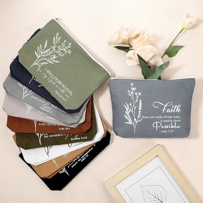 10Pcs Christian Gifts for Women Religious Cosmetic Bags Inspirational Bible Verse Pencil Pouch Canvas Makeup Bags Bulk with Zipper for Mother Sister Church Favors