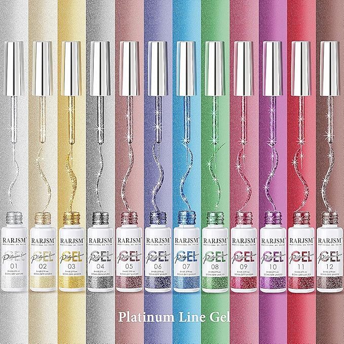 Painted Gel Nail Polish Set, Nail Art Gel Metallic Liner Painting Polish Set UV LED Gel 12 Colors Platinum Liner Gel Champagne Glitter Silver Rosa Gold Green Blue Purple Gel Paint for Nail Art Design