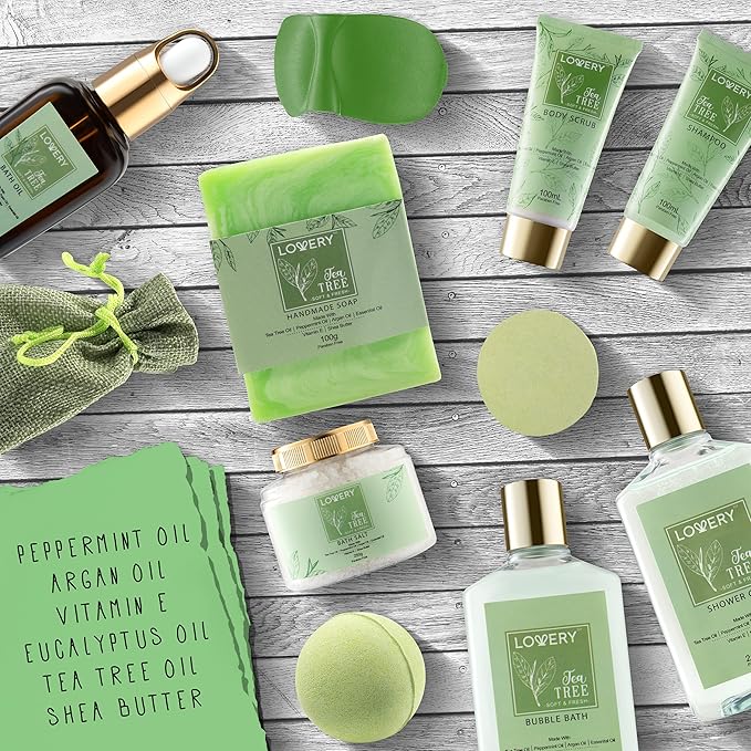 Mothers Day Gifts from Daughter, Gifts for Mothers Day, Tea Tree Bath Home Spa Set with Calming Mint Fragrance, 15pc Relaxation Gift Basket with Bath Oil, Shower Gel, Bubble Bath, Handmade Soap & More
