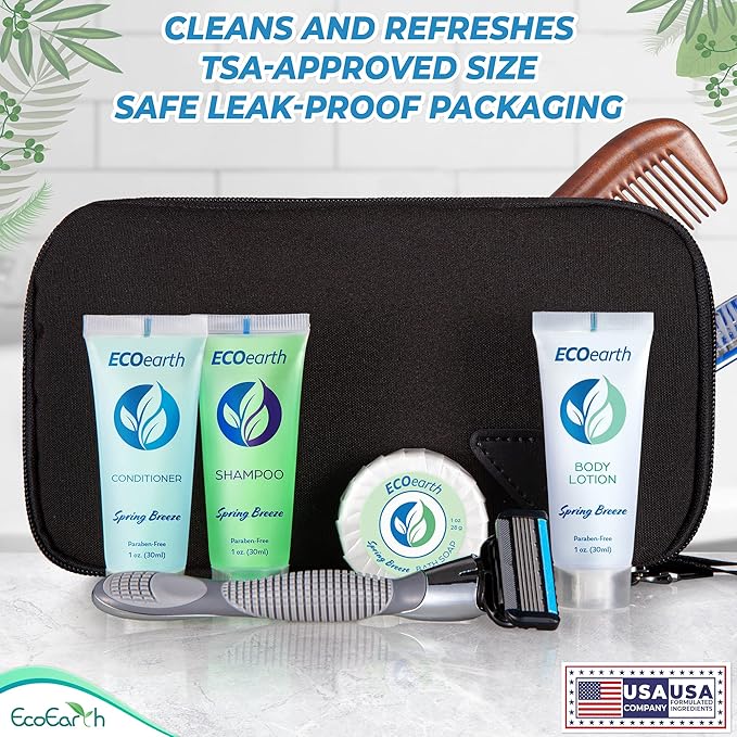 EcoEarth Hotel Toiletries Bundle (Spring Breeze, 1 oz Each, 125 Pieces) 5-Piece Set: 25 Each Round Bar Soap, Shampoo, Conditioner, Body Lotion & Body Wash - Bulk Mini Guest Amenities