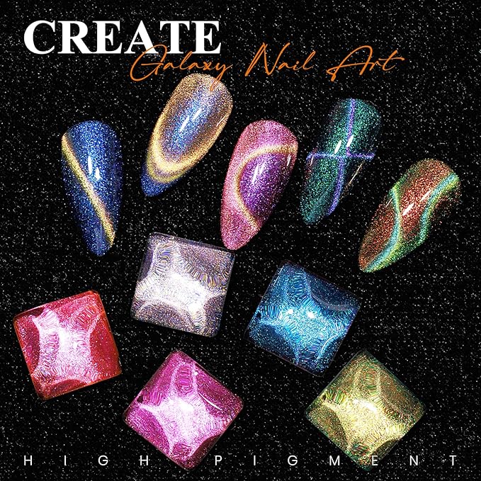 MIZHSE 9D Cat Eye Gel Nail Polish Set, Magnetic Gel Polish 10ml 6 Colors with 2 Magnet Sticks, Chameleon Galaxy Shiny Magic Effect Cateye Nail Polish Soak off Nail Art Gift for Women
