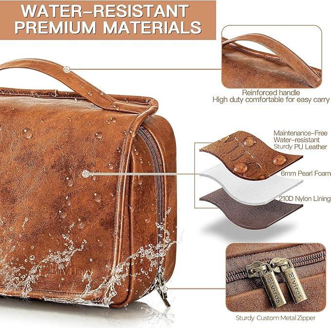 Elviros Hanging Toiletry Bag for Men Travel Essentials 3-in-1 Large Waterproof Dopp Kit PU Leather Shaving Bag with Separate Compartments for Grooming and Toiletries