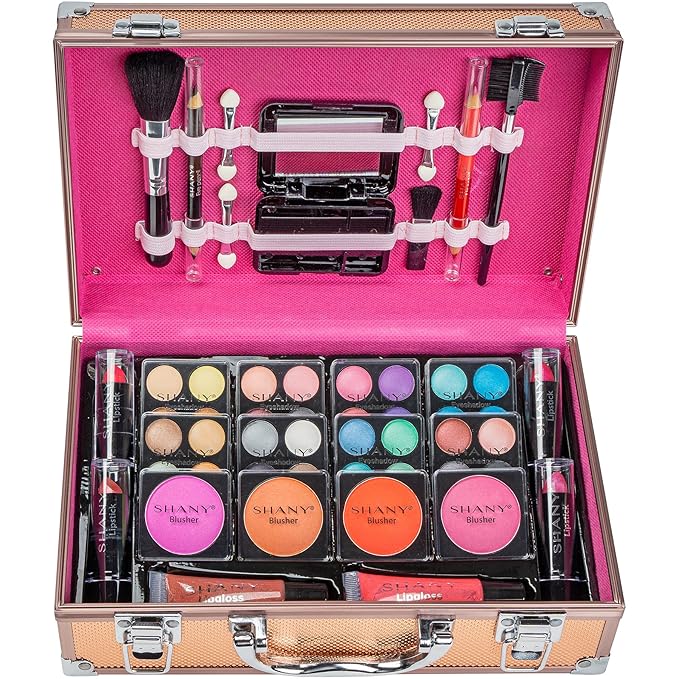 SHANY Carry All Makeup Train Case with Pro Makeup Set, Makeup Brushes, Lipsticks, Eye Shadows, Blushes, Powders, and more - Reusable Makeup Storage Organizer - Premium Gift Packaging - Rose Gold