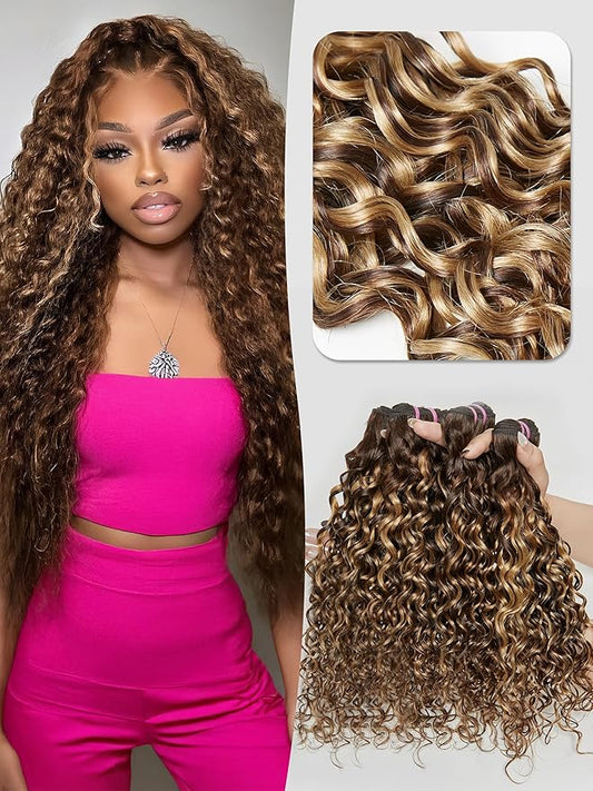 Human Hair Bundles 4 Bundles Hair Extensions 14 16 18 20 Inch Water Wave 100% Unprocessed Curly Brazilian Virgin Hair Wet and Wavy Human Hair Brown Highlight P4/27