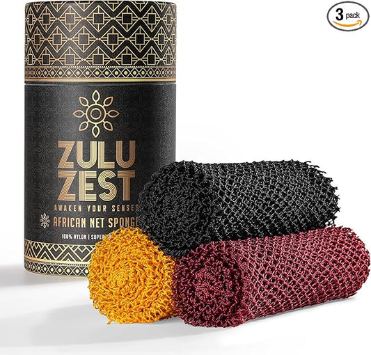 African Net Sponge – Exfoliating Long Nylon Bath Cloth, 3 Pack, Durable Body and Back Scrubber, Dead Skin Remover for Women and Men, Quick Dry, Luxury Skin Care (Black, Yellow, Burgundy)