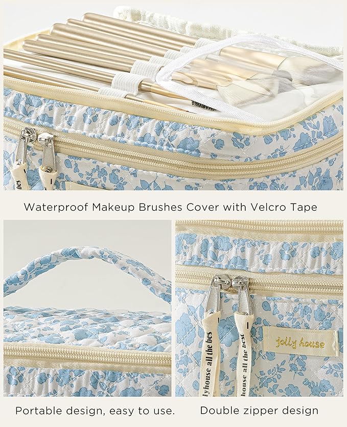 HBselect 2Pcs Travel Makeup Bag, Large Cotton Quilted Makeup Bag Cosmetic Bag Cute Make up Bag Toiletry Bags for Women Girls