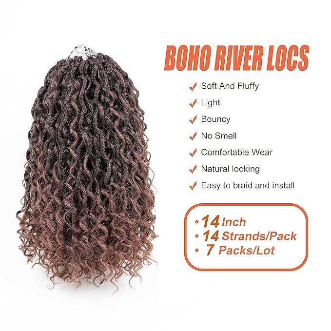 Aipin Goddess Locs Crochet Hair 14 Inch Boho River Locs Hippie Locs Wavy Crochet With Curly Hair In Middle And Ends Braids Hair Extensions (7Packs,14 inch, T30)