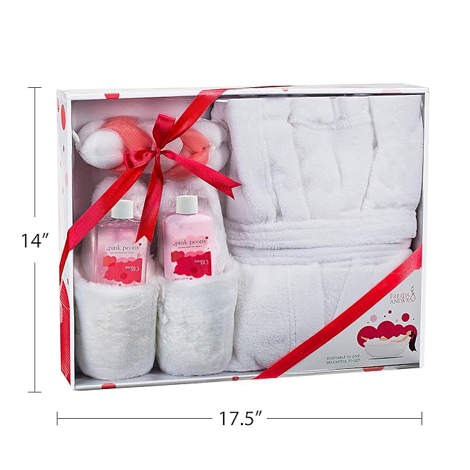 Luxury Home Spa Gift Basket with Pink Peony Scent - Indulgent Ultra Soft Bathrobe & Plush Slipper Spa Box for Women - Complete Bath & Body Set Luxury Body Care Mother’s Day Gift for Mom